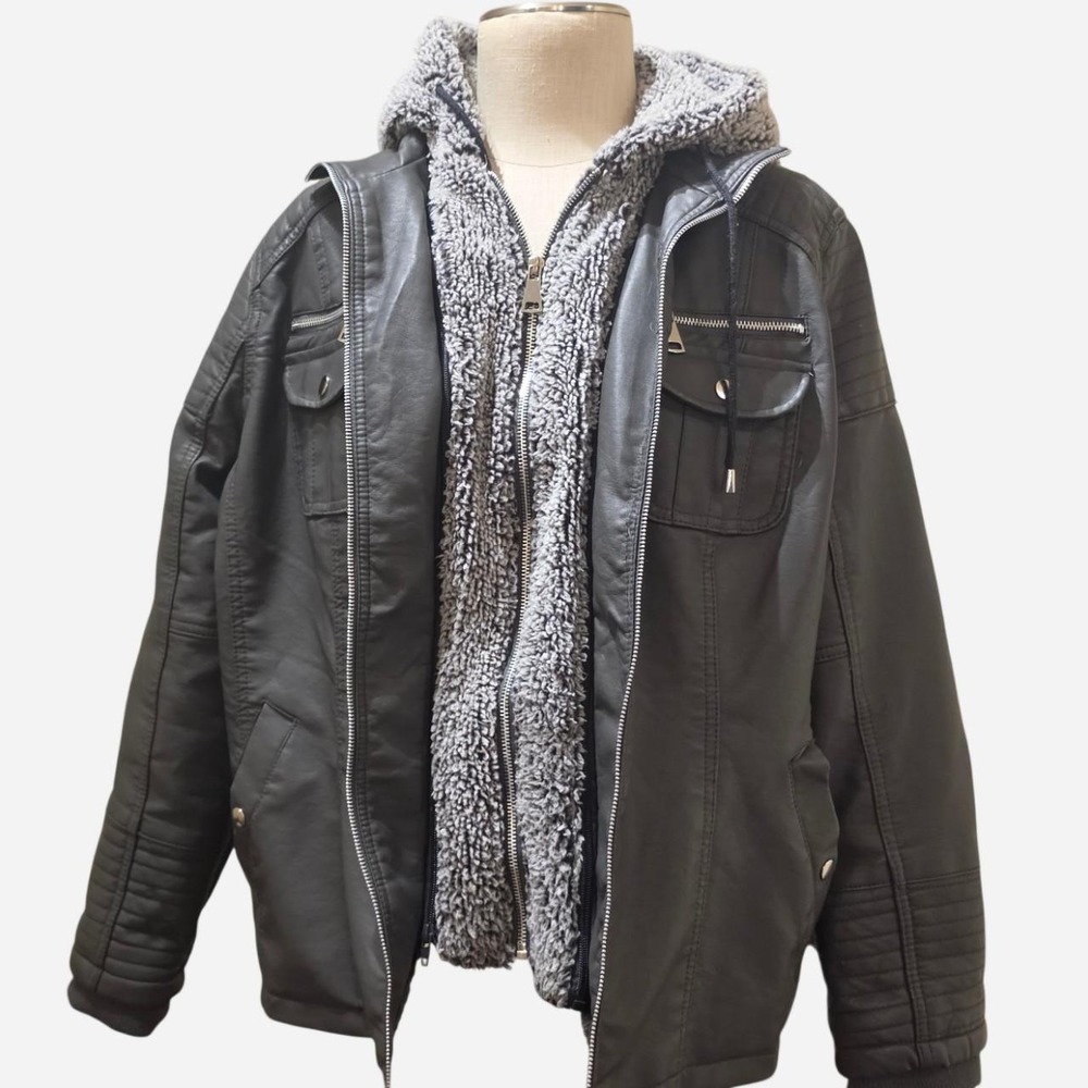 Royalty For Me women's plus size black faux leather jacket with plush sherpa